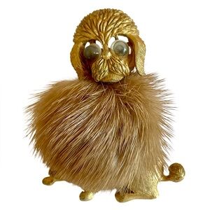 Vintage Signed JJ Googly Eyed Goldtone Poodle Brooch With Furry Coat